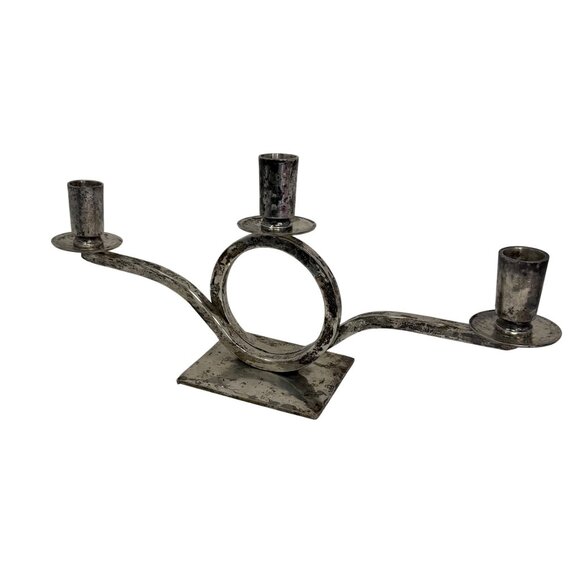 Vtg Art Deco Silver Plated Candelabra Mid Century Hammered Silver Candle Holder - Picture 4 of 8